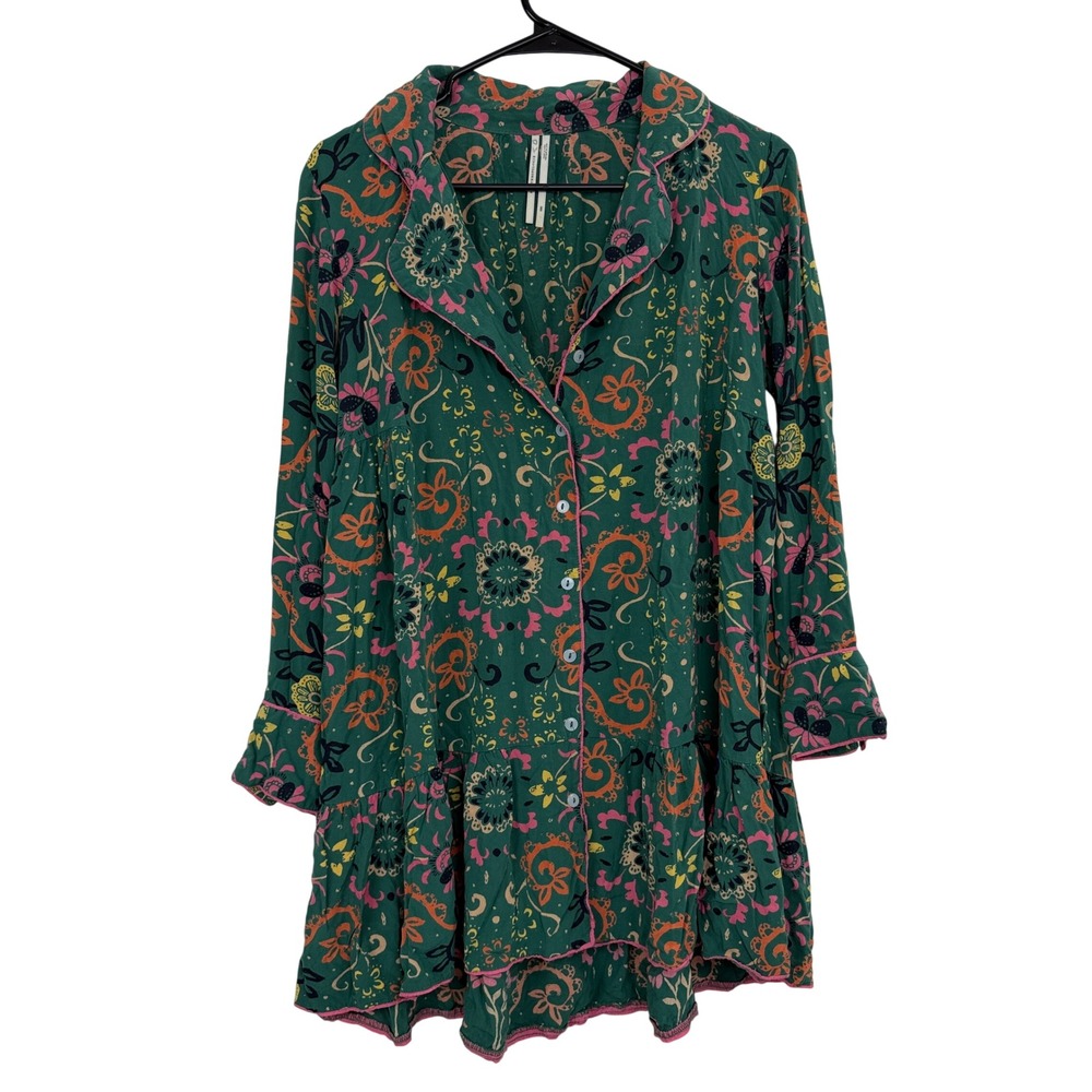 Anthropologie Dress Womens XXS Green Floral Print Ruffled Hem Button Front Mini